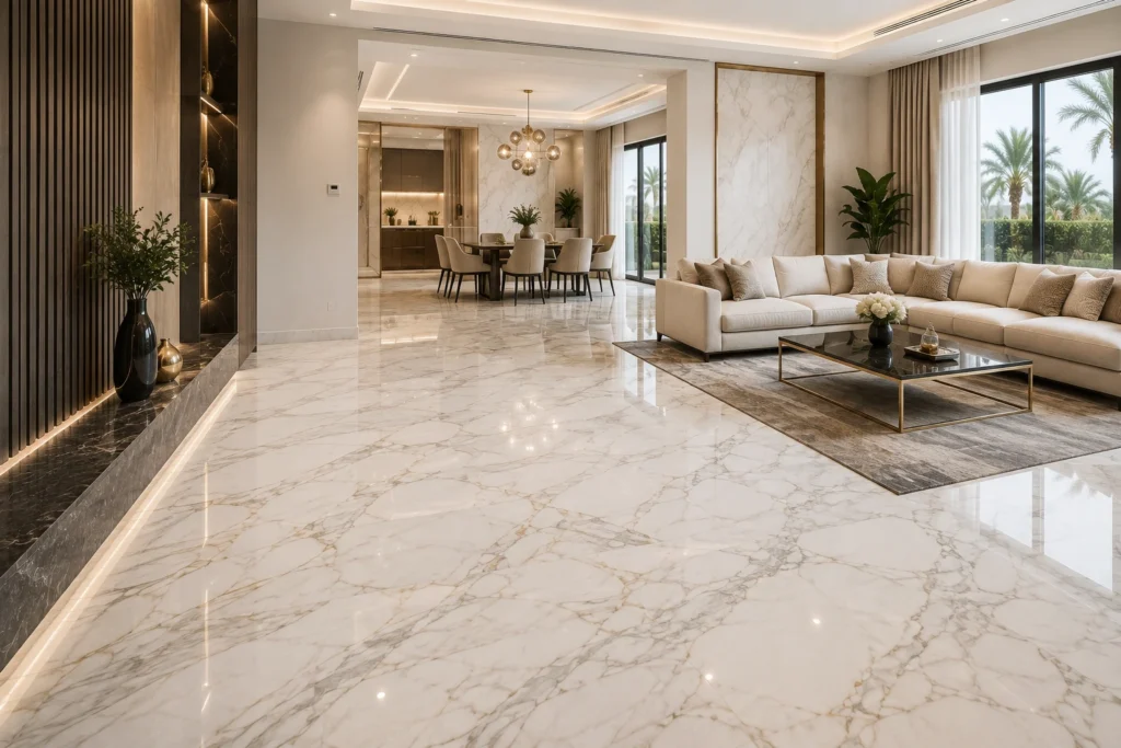 Marble flooring in Dubai installed in a modern luxury villa living room