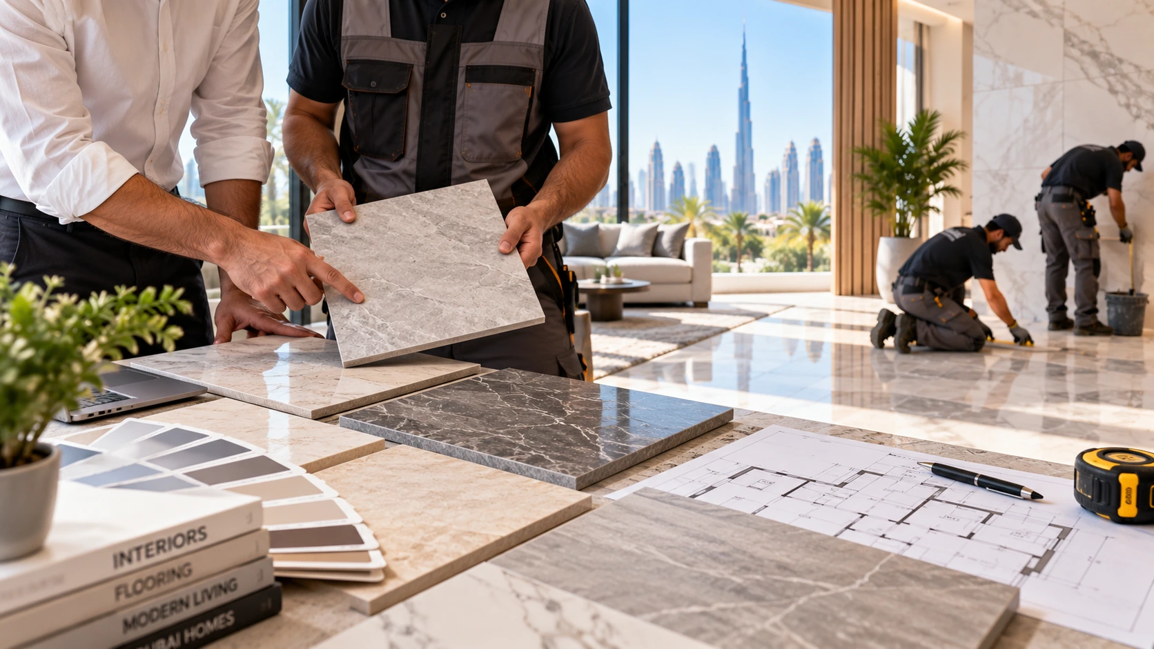 Professional tile installation in Dubai in a modern villa with large-format porcelain floor tiles