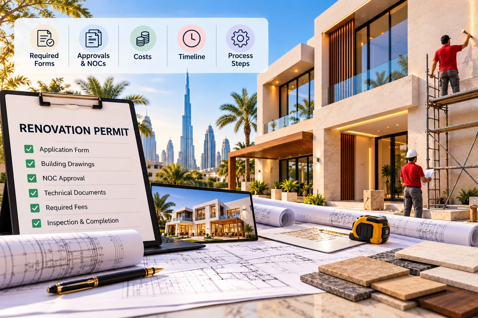 Dubai renovation permit planning with architectural drawings, building approval documents and a contractor reviewing villa renovation plans
