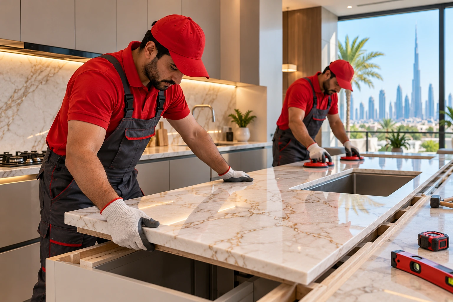 Modern kitchen countertop replacement in Dubai featuring a new stone worktop, contemporary cabinets and an integrated sink