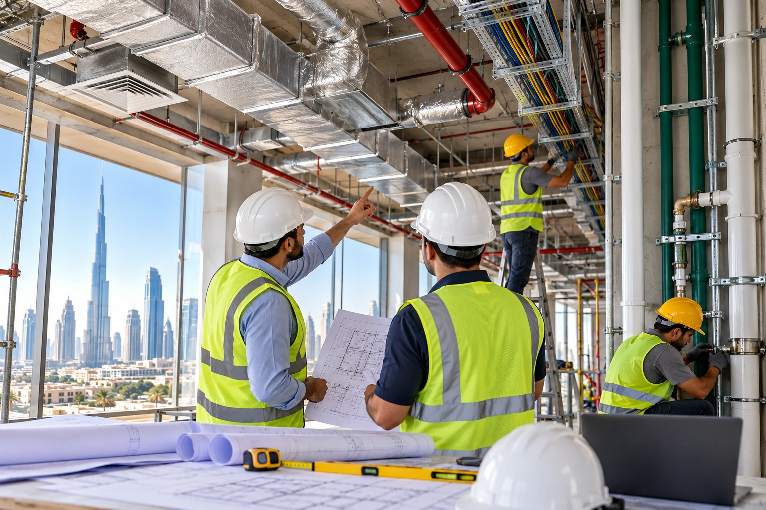 MEP contractors in Dubai reviewing HVAC ductwork, electrical systems and plumbing installations at a residential renovation site