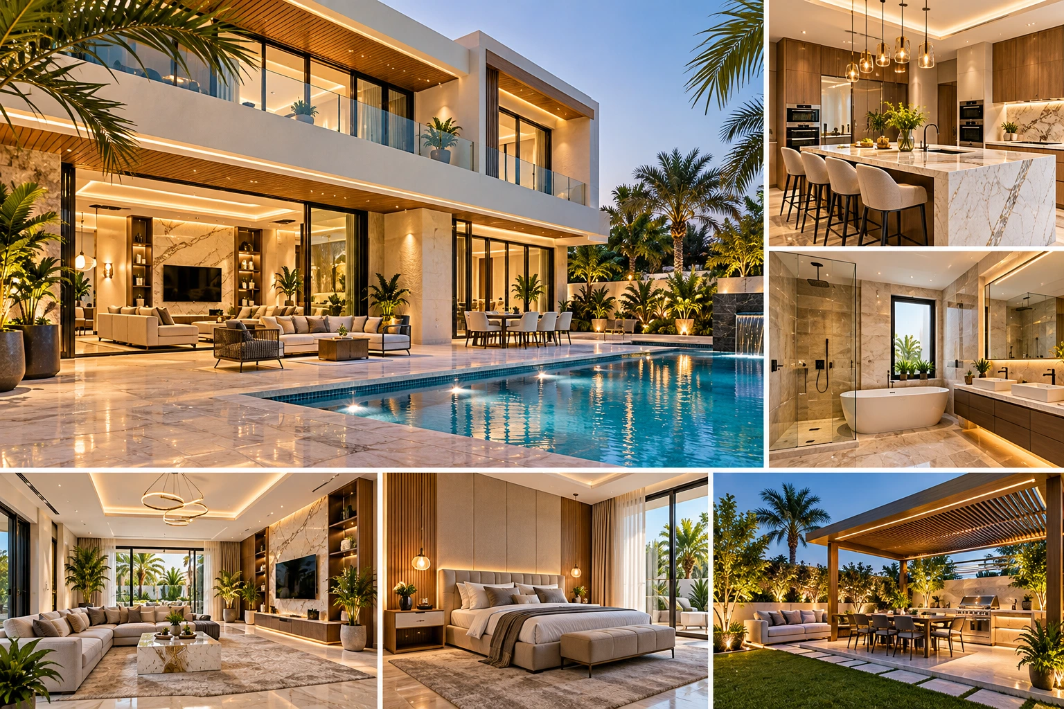 Luxury villa renovation in Dubai featuring elegant living room interiors, marble flooring, custom woodwork and contemporary lighting