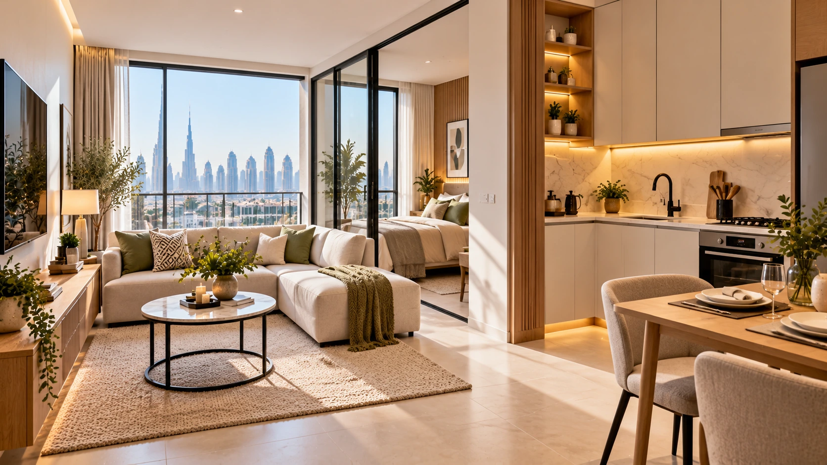 Small apartment renovation in Dubai featuring space-saving furniture, built-in storage, modern kitchen and bright open-plan living area