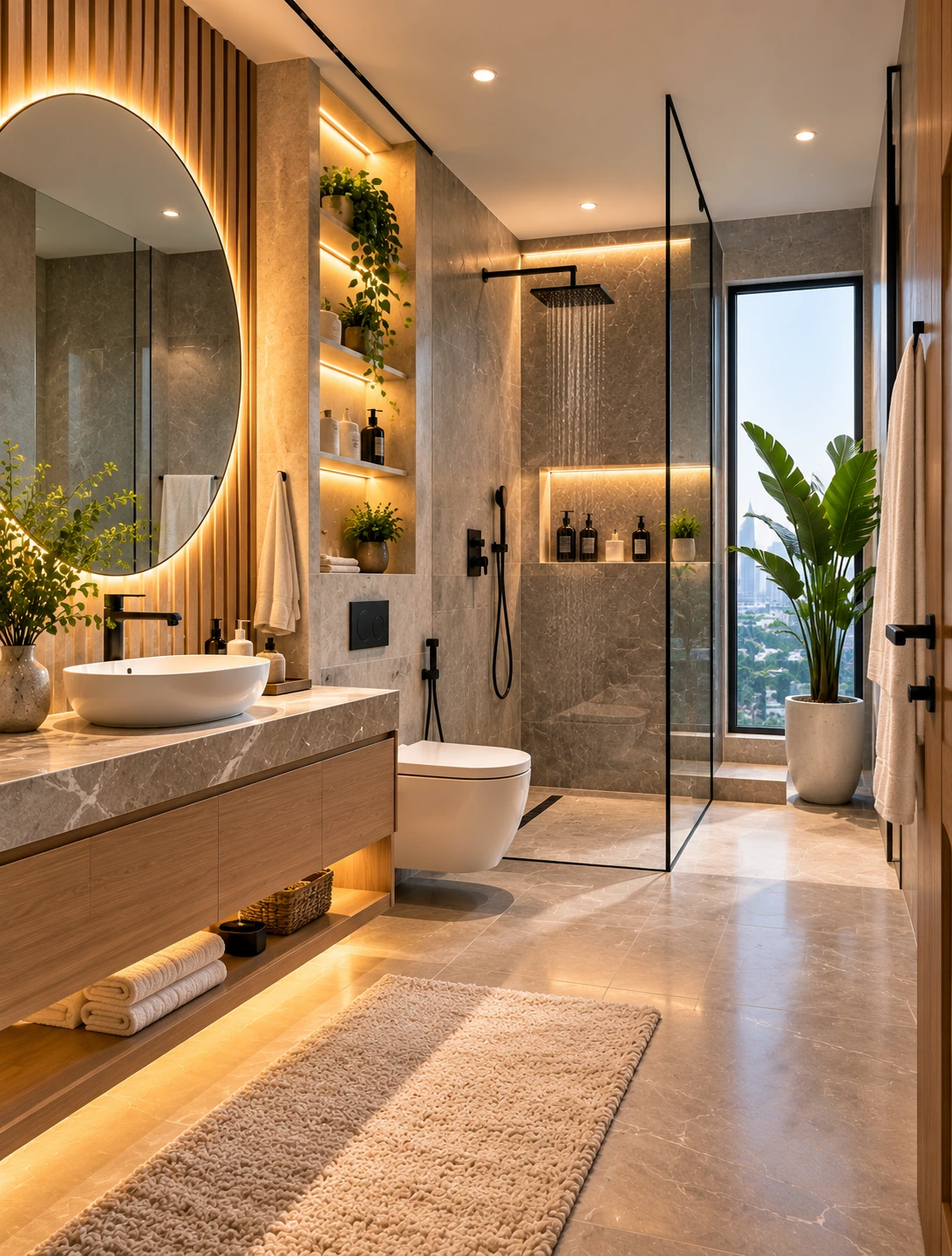 Modern bathroom renovation in Dubai featuring walk-in shower, floating vanity, contemporary tiles and elegant lighting
