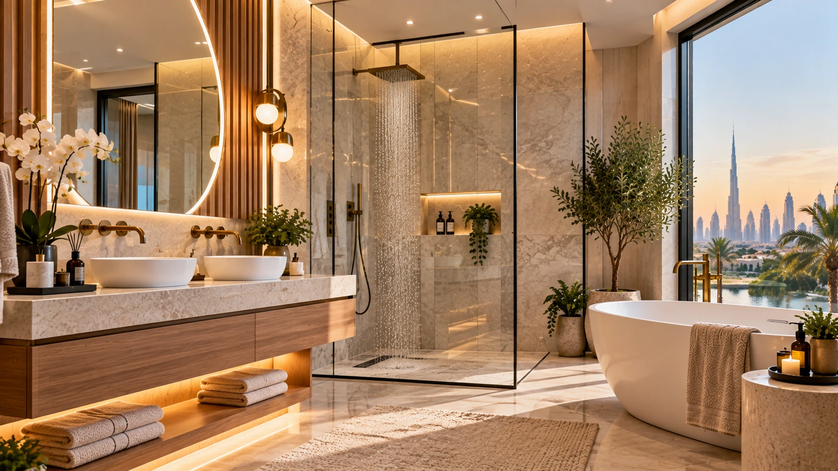 Luxury bathroom renovation in Dubai villa featuring marble walls, walk-in shower, freestanding bathtub and modern floating vanity