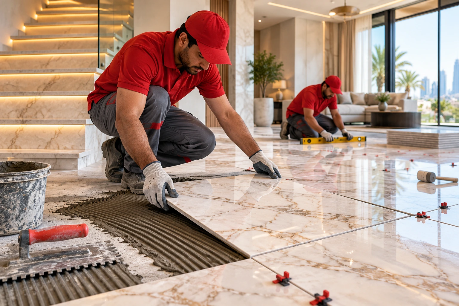 Professional marble flooring installation in Dubai villa with workers aligning natural marble tiles on a prepared floor